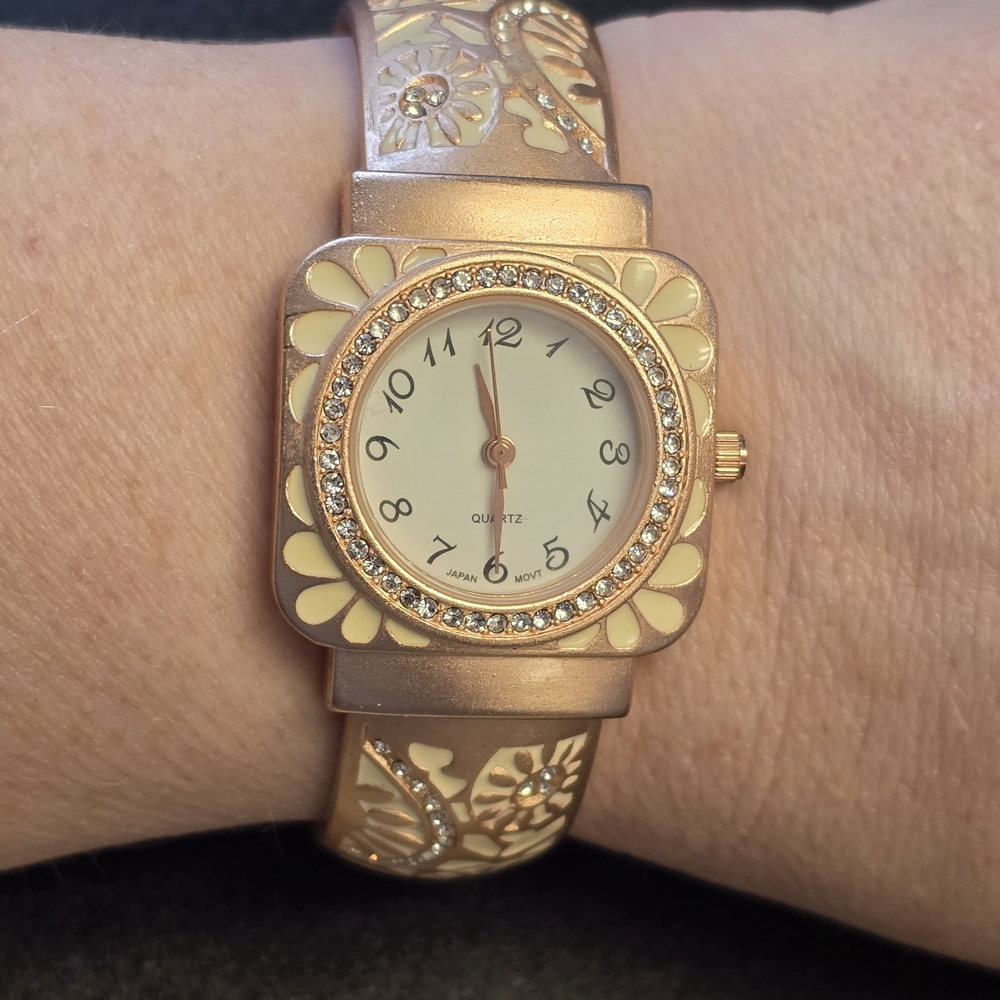 Floral Rose Gold Tone Crystal Accent Cuffed Wristwatch